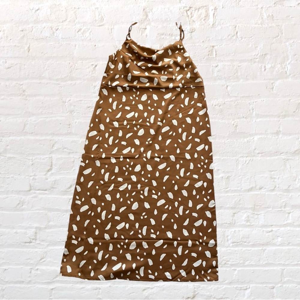💕 🆕 Old Navy cowl neck spaghetti strap caramel brown & white abstract midi dress